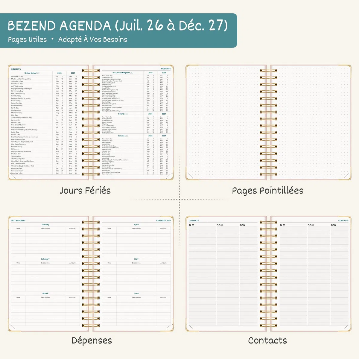 BEZEND Agenda 2026 2027 A5 Semainier Spirale 21 x 15,5 cm 18 Mois De Juil. 26 à Déc. 27, Agenda Scolaire avec Motif Floral, Règle Marque-Page, Couverture rigide, Rose
