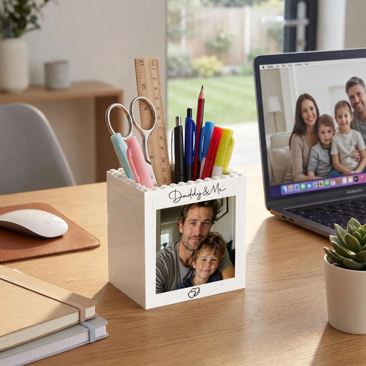 Porte-stylos en Blocs de Construction Personnalisable avec Photo- Organiseur de bureau créatif-Accessoire de Bureau Unique pour Enfants, Étudiants - Cadeau pour la Fête des Pères, Anniversaire