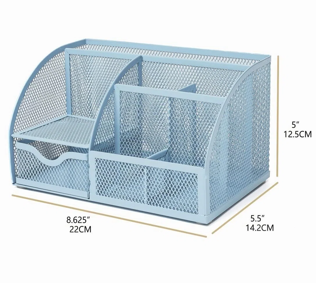 Annova Organiseur de bureau en maille avec 7 compartiments + tiroir/rangement de bureau pour bonbons, stylos, organiseur multifonction (nouveau bleu 23)