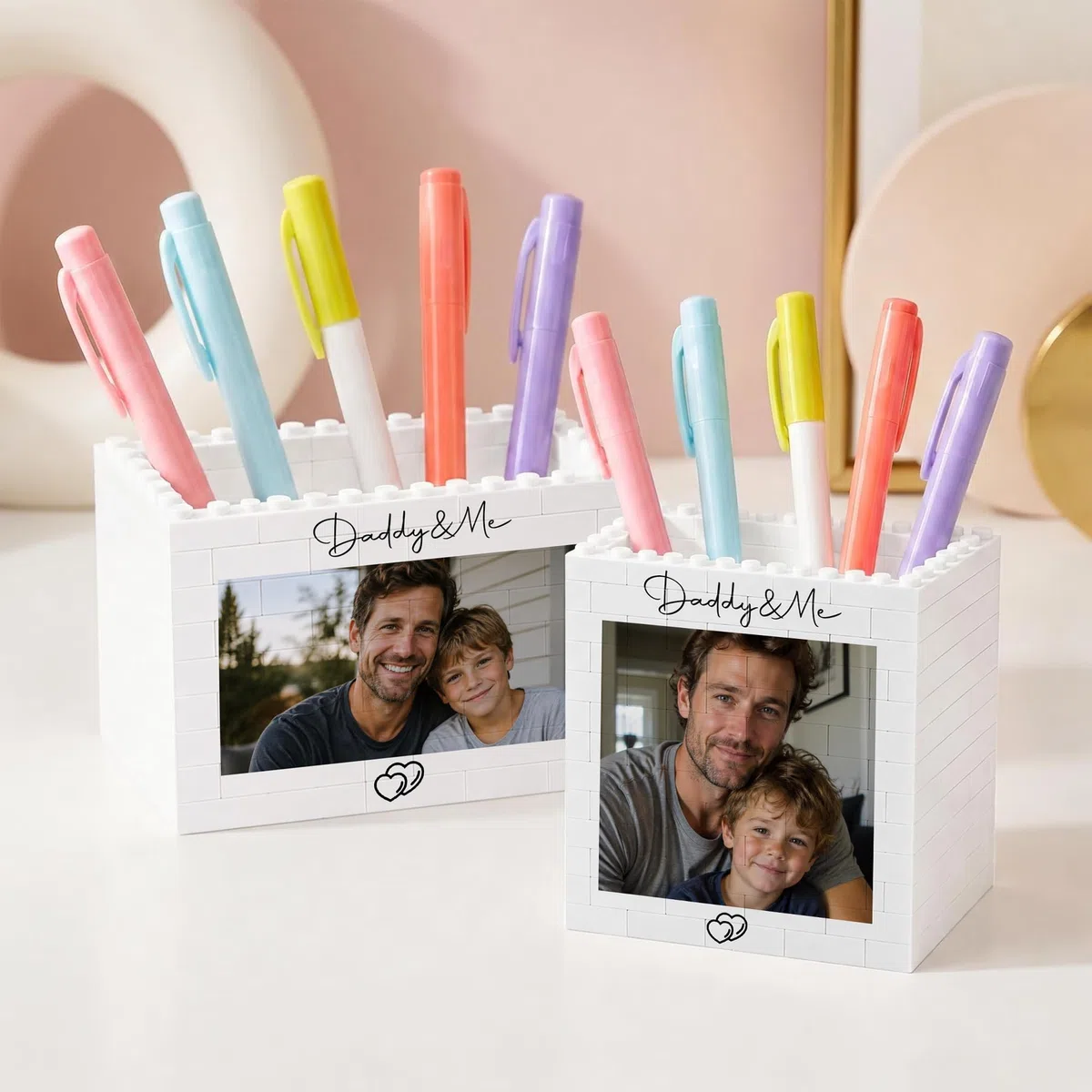 Porte-stylos en Blocs de Construction Personnalisable avec Photo- Organiseur de bureau créatif-Accessoire de Bureau Unique pour Enfants, Étudiants - Cadeau pour la Fête des Pères, Anniversaire