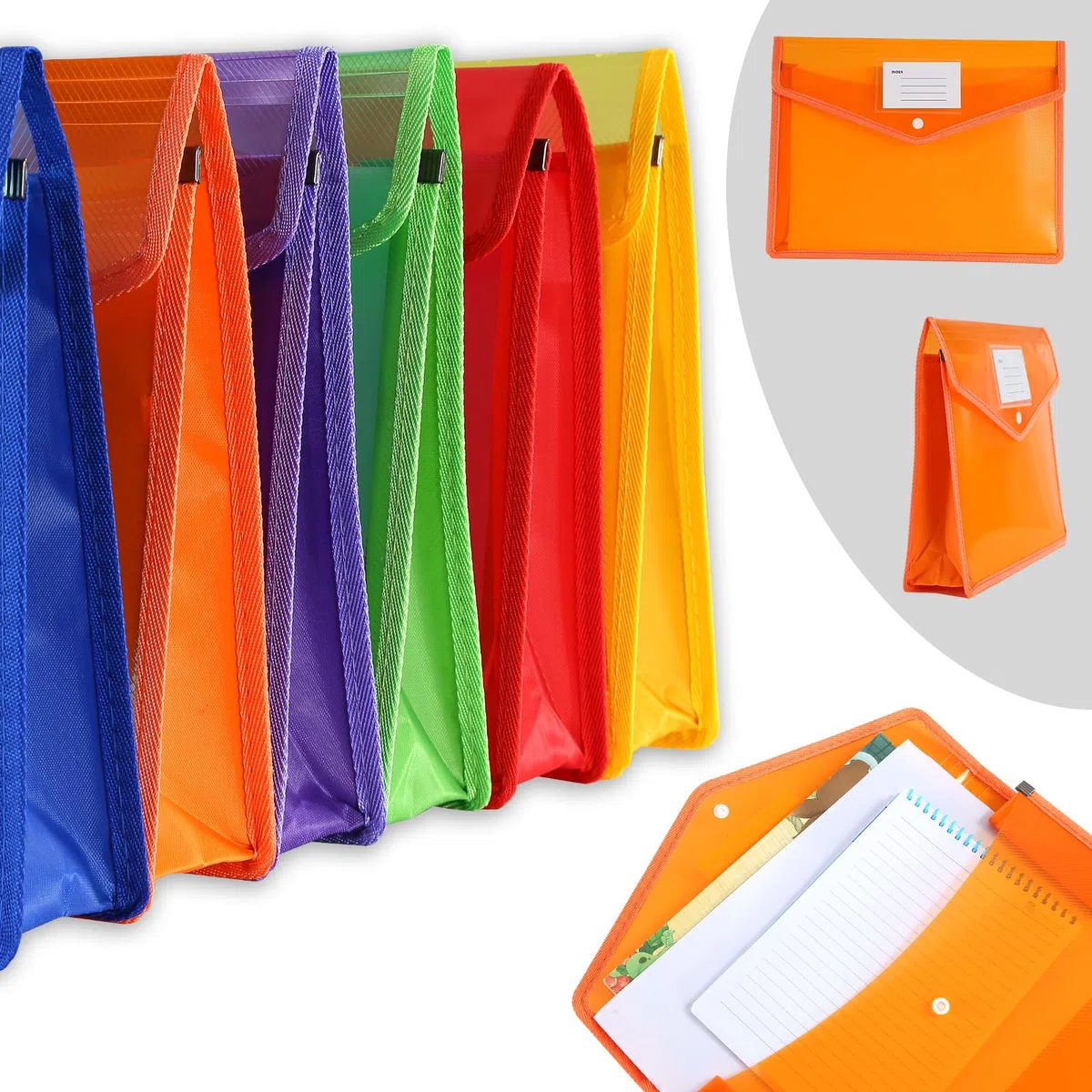 Ensemble de 6 chemises et pochette document plastique A4 : Extensibles, imperméables, transparentes. Idéales pour organisation, poche étiquette. Parfaites pour documents, classeurs, bureau.