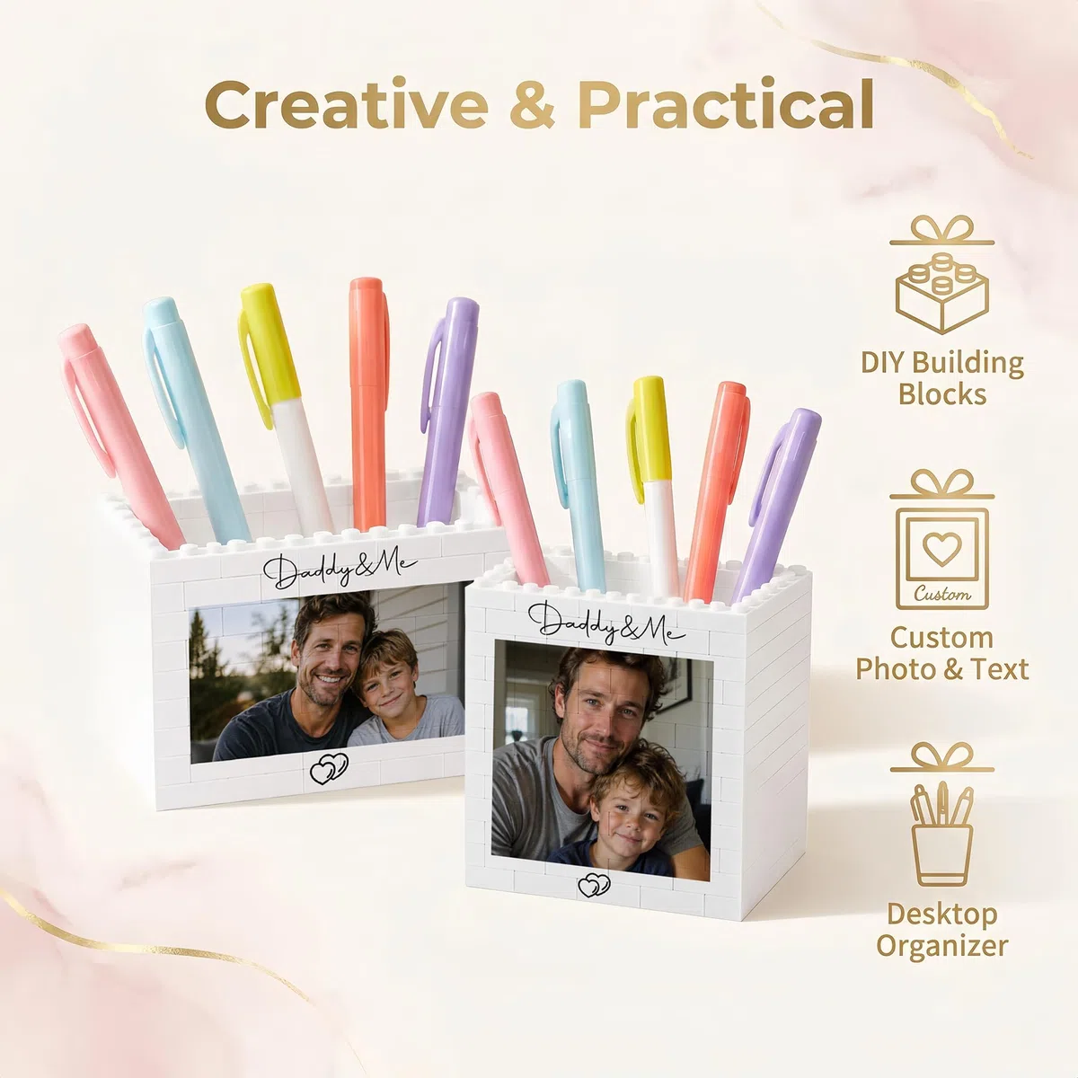 Porte-stylos en Blocs de Construction Personnalisable avec Photo- Organiseur de bureau créatif-Accessoire de Bureau Unique pour Enfants, Étudiants - Cadeau pour la Fête des Pères, Anniversaire