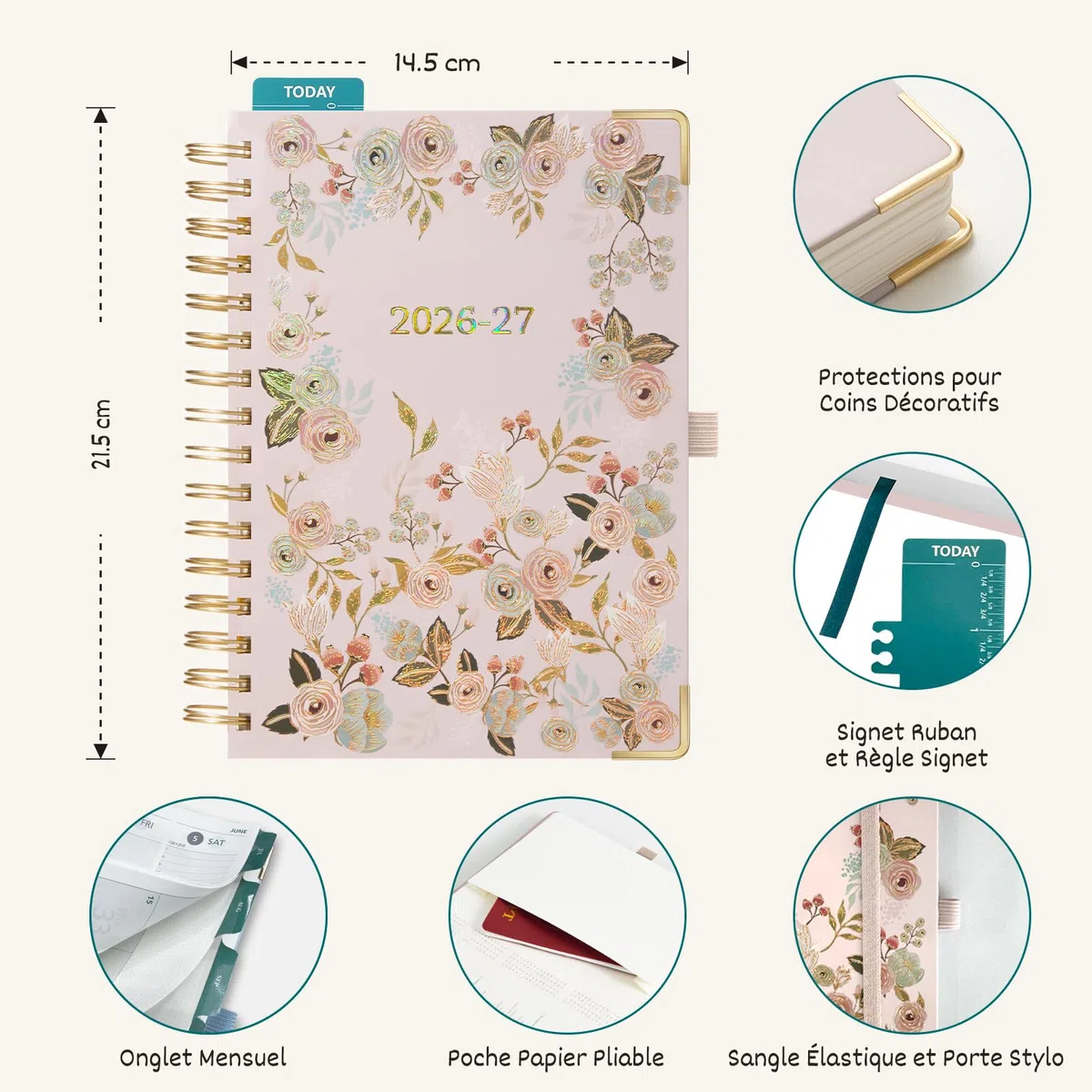 BEZEND Agenda 2026 2027 A5 Semainier Spirale 21 x 15,5 cm 18 Mois De Juil. 26 à Déc. 27, Agenda Scolaire avec Motif Floral, Règle Marque-Page, Couverture rigide, Rose