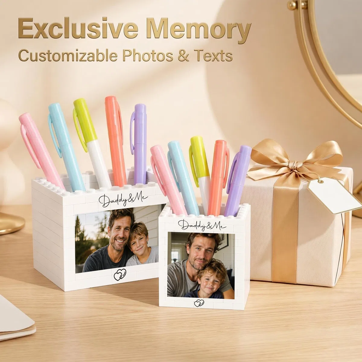Porte-stylos en Blocs de Construction Personnalisable avec Photo- Organiseur de bureau créatif-Accessoire de Bureau Unique pour Enfants, Étudiants - Cadeau pour la Fête des Pères, Anniversaire