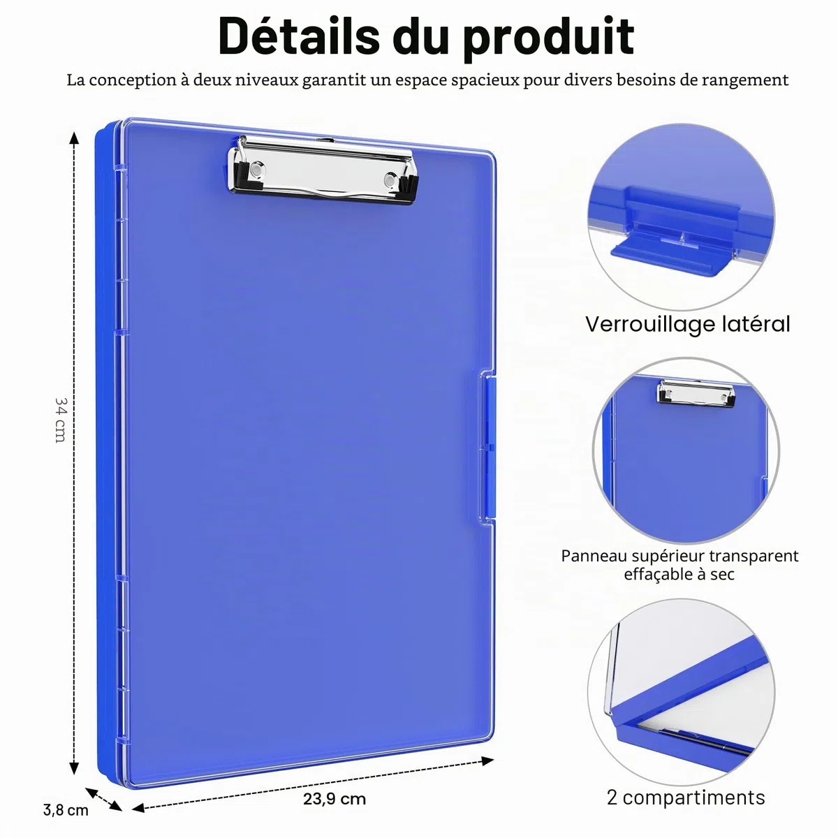 Piasoenc Porte-blocs avec rangement 21,6 x 27,9 cm, 2 étuis et dossier A4, panneau transparent effaçable, plastique robuste, folio, ouverture latérale