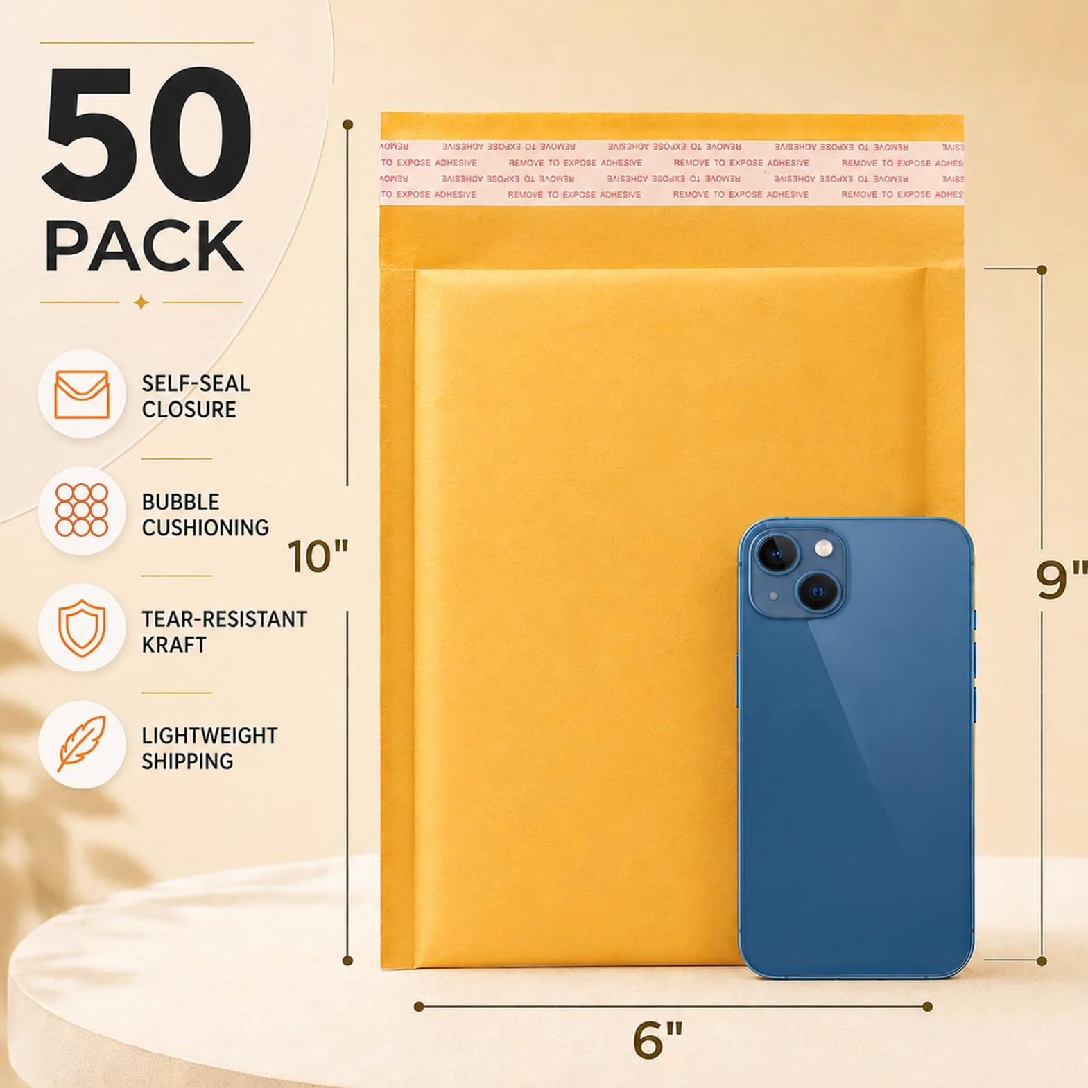 Switory 50pc A5 15,3 cm x 26,9 cm Kraft Bubble Mailers Enveloppes rembourrées auto-scellantes pour l'emballage Or