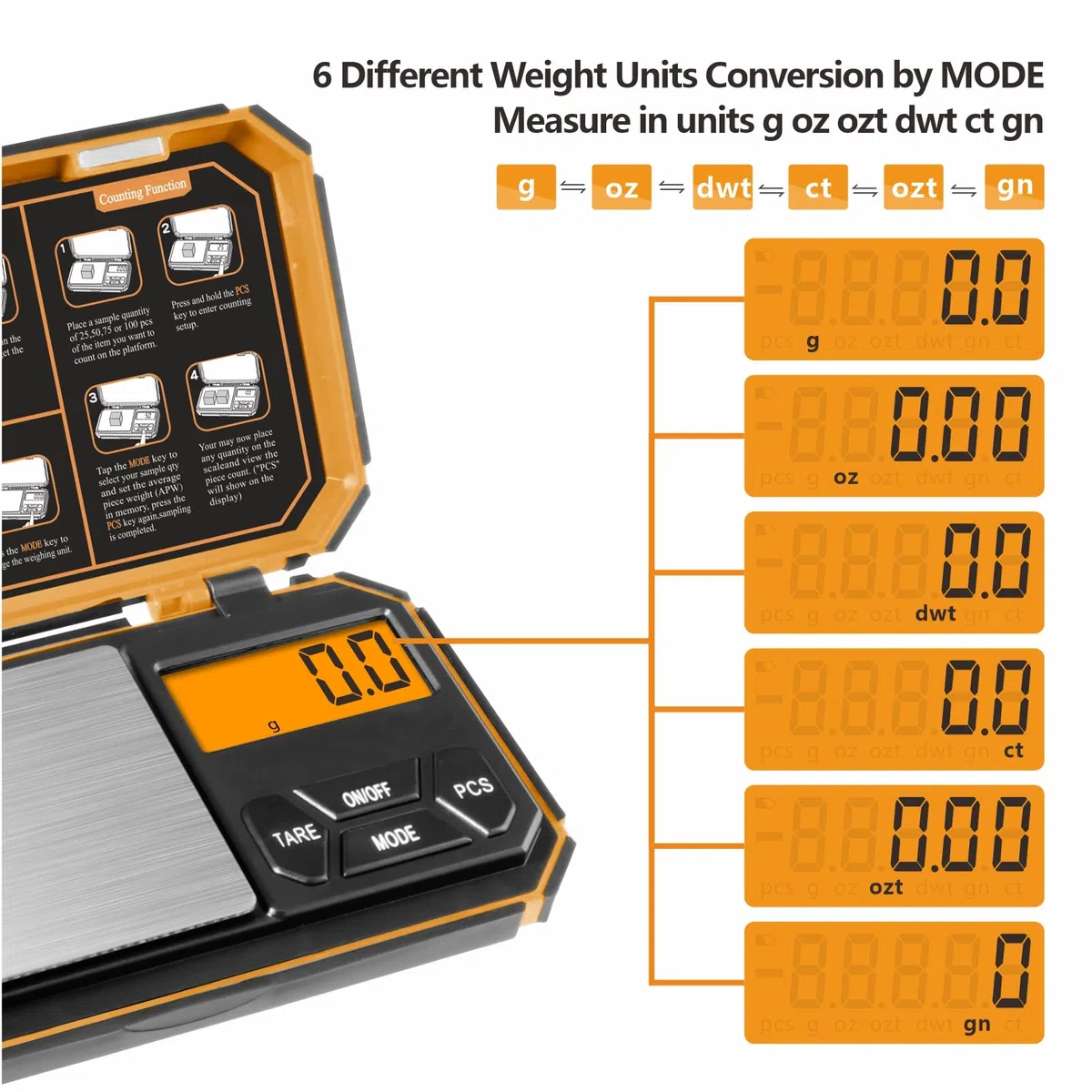 Balance de Précision 1000g/0,1g - Portable Balance de Poche Numérique pour Bijoux, Herbes et Poudre de Cuisine - Voyage (pile incluse) - Orange