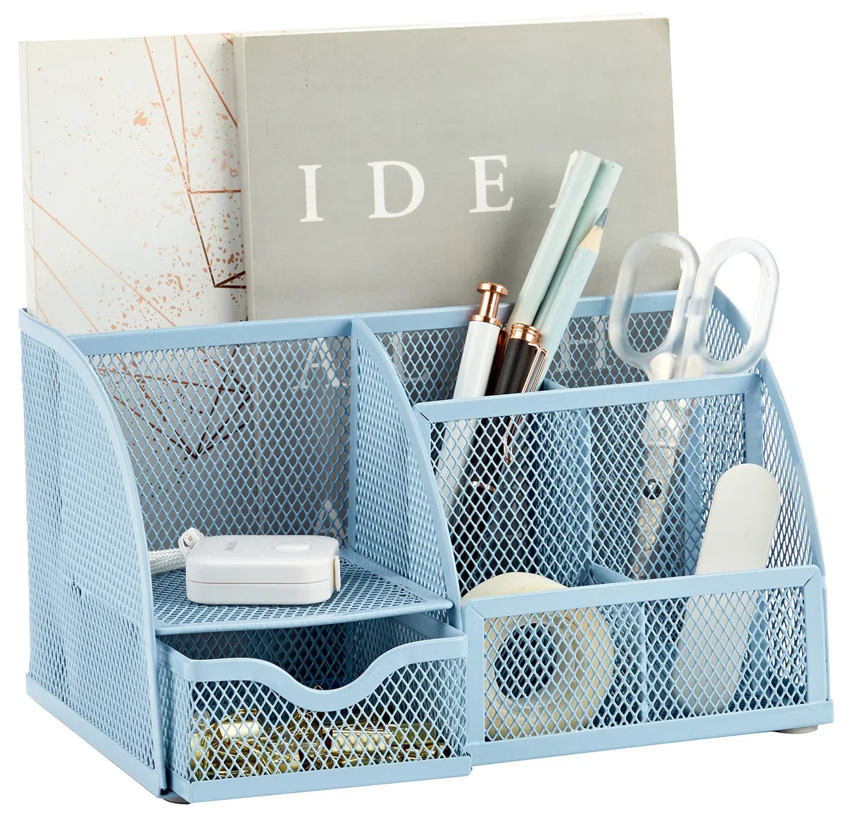 Annova Organiseur de bureau en maille avec 7 compartiments + tiroir/rangement de bureau pour bonbons, stylos, organiseur multifonction (nouveau bleu 23)