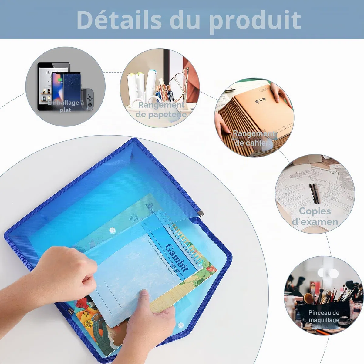 Ensemble de 6 chemises et pochette document plastique A4 : Extensibles, imperméables, transparentes. Idéales pour organisation, poche étiquette. Parfaites pour documents, classeurs, bureau.
