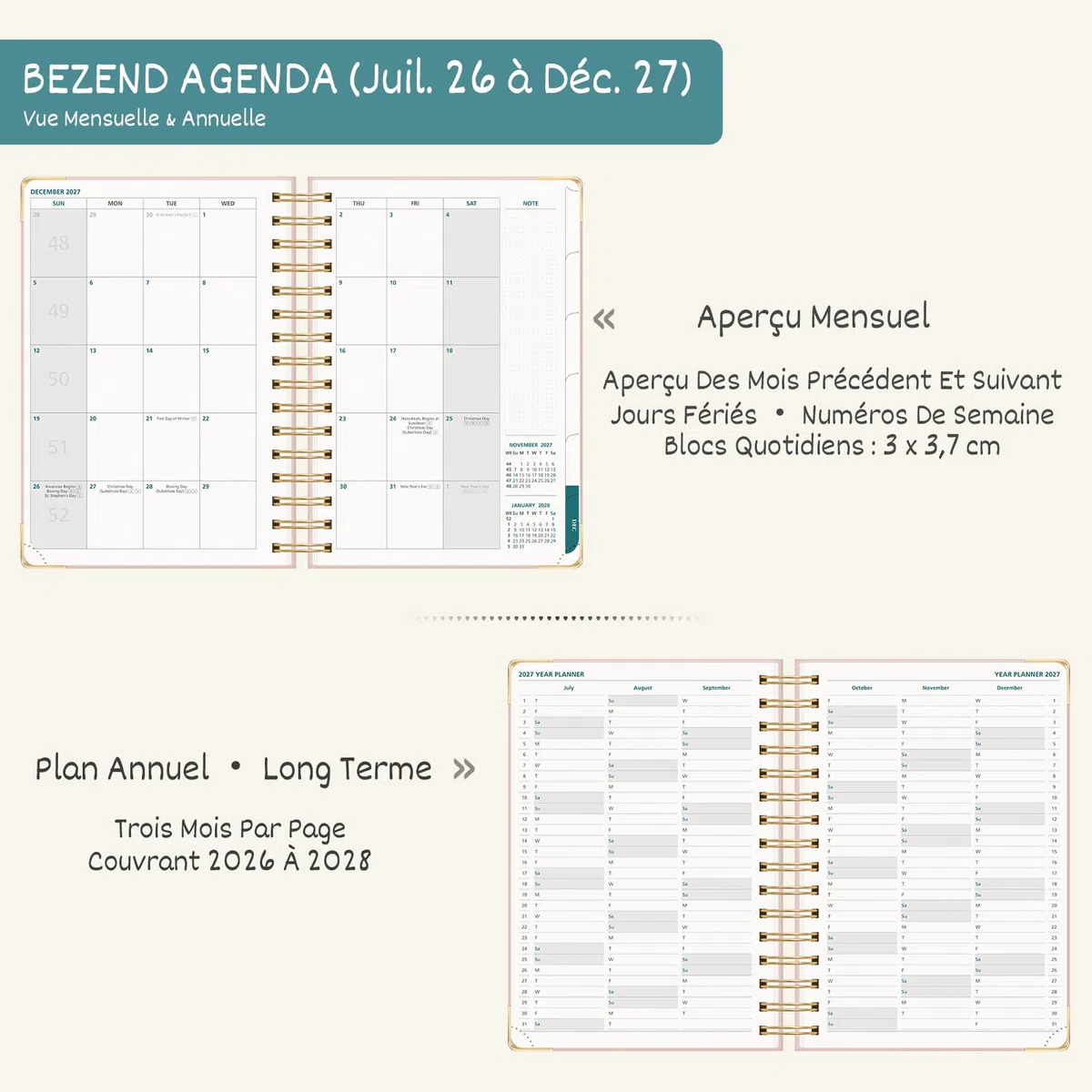 BEZEND Agenda 2026 2027 A5 Semainier Spirale 21 x 15,5 cm 18 Mois De Juil. 26 à Déc. 27, Agenda Scolaire avec Motif Floral, Règle Marque-Page, Couverture rigide, Rose