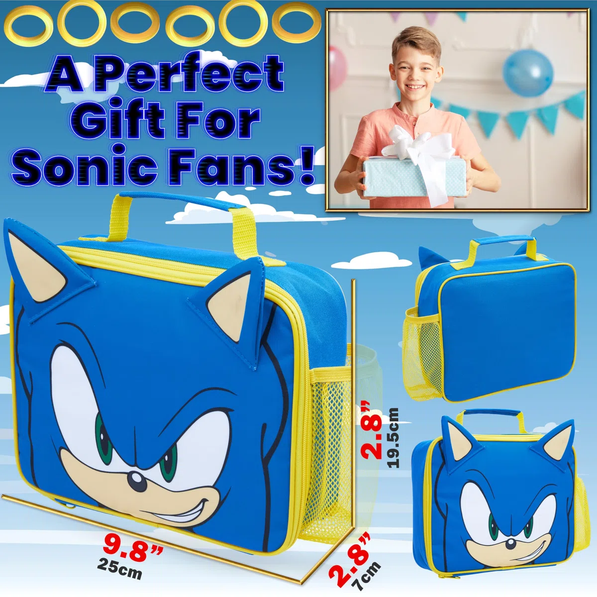 Sonic The Hedgehog Lunch Box Isotherme Enfant, Boite à Gouter Sonic, Sac Dejeuner Gouter Pique Nique (Bleu/Jaune)