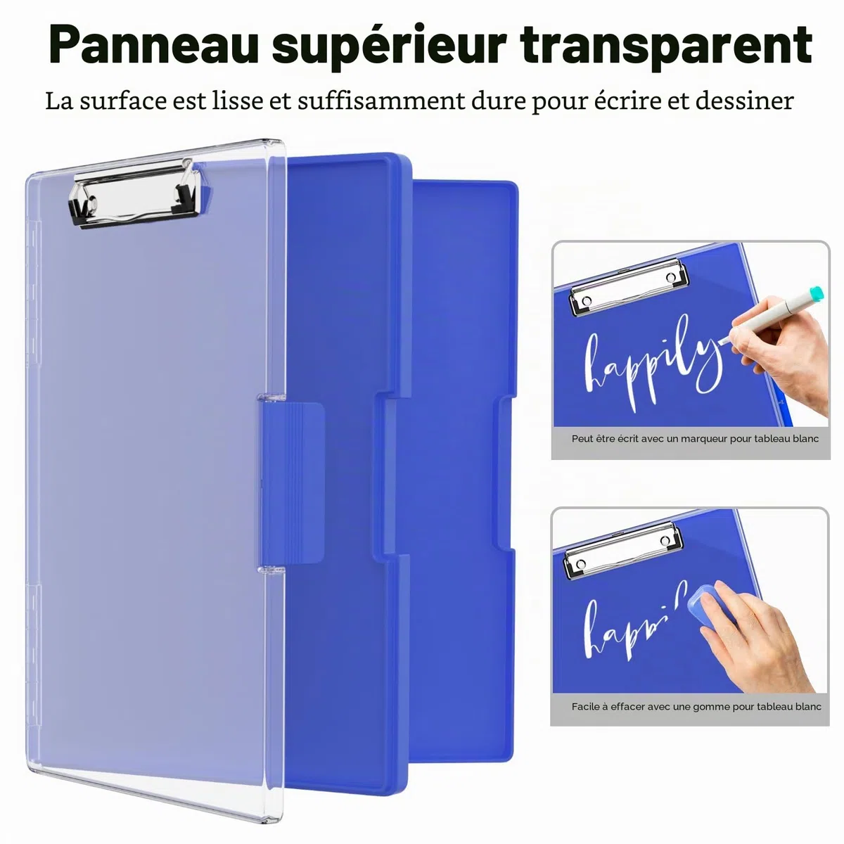 Piasoenc Porte-blocs avec rangement 21,6 x 27,9 cm, 2 étuis et dossier A4, panneau transparent effaçable, plastique robuste, folio, ouverture latérale