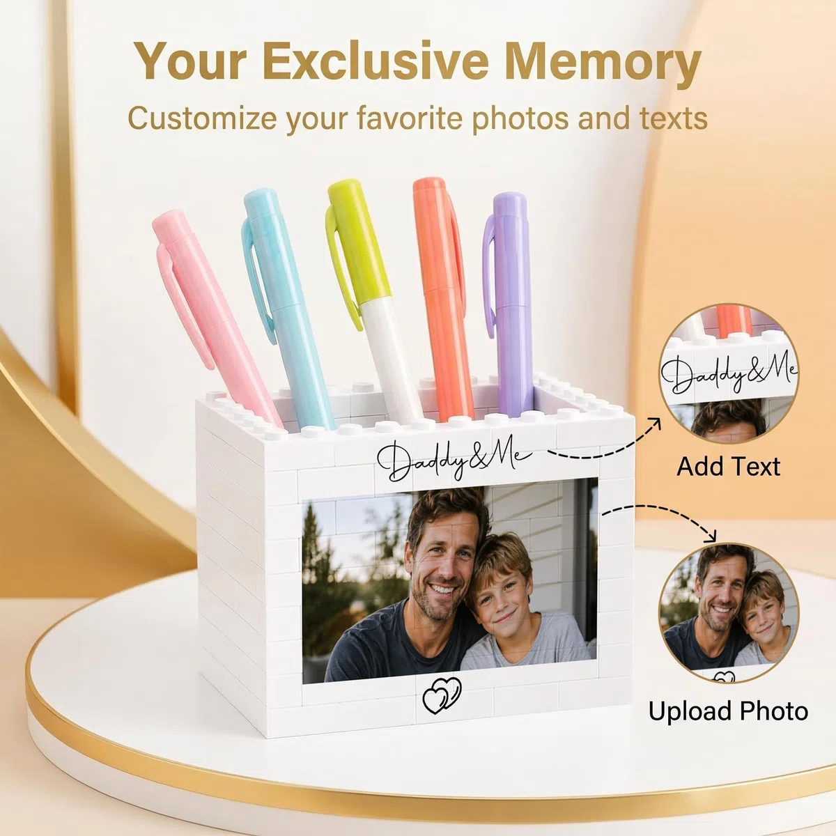 Porte-stylos en Blocs de Construction Personnalisable avec Photo- Organiseur de bureau créatif-Accessoire de Bureau Unique pour Enfants, Étudiants - Cadeau pour la Fête des Pères, Anniversaire